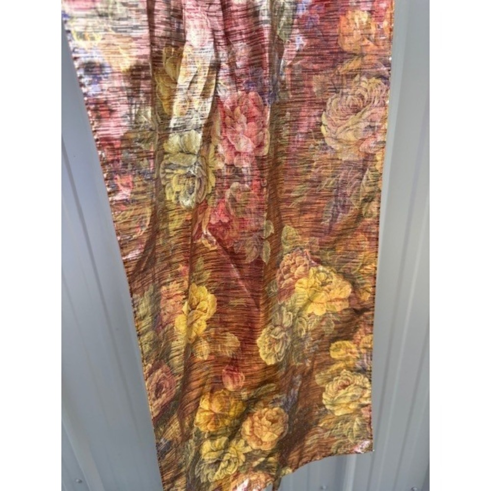 Vintage Made in Japan Metallic Floral Scarf Gold Pink Yellow Rose Shimmer